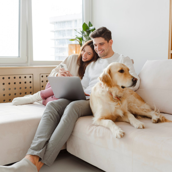Portrait,Of,Happy,Young,Couple,Using,Laptop,,Man,Holding,Mobile